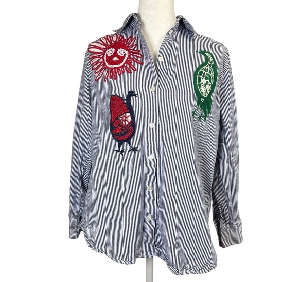 Embroidered Boho Button-Up Shirt Top Blue Striped Crochet Birds Sun Sz S Artsy - Picture 1 of 10
